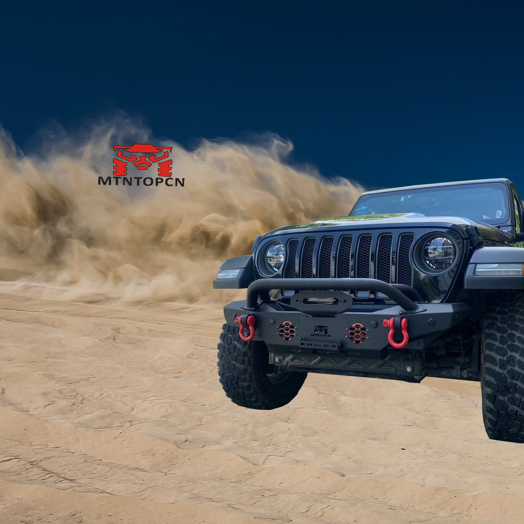 MTNTOPCN Aquamarine Stubby Front Bumper, Compatible for 2007-2024 Jeep Wrangler Rock Crawler Bumper with Winch Plate Mounting & 2 x LED Lights & 2 x D-Rings Off Road and Utilizes OEM fog lights