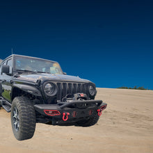 Load image into Gallery viewer, MTNTOPCN AQMR Front Bumper, Compatible for 2007-2024 Jeep Wrangler Rock Crawler Bumper with Winch Plate Mounting &amp; 2 x LED Lights &amp; 2 x D-Rings Off Road and Utilizes OEM fog lights
