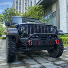 Load image into Gallery viewer, MTNTOPCN Aquamarine Stubby Front Bumper, Compatible for 2007-2024 Jeep Wrangler Rock Crawler Bumper with Winch Plate Mounting &amp; 2 x LED Lights &amp; 2 x D-Rings Off Road and Utilizes OEM fog lights