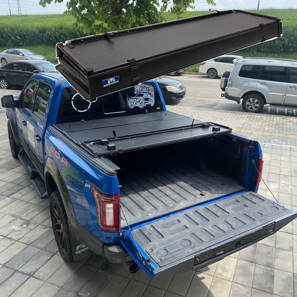 MTNTOPCN Aluminum Quad Fold Tonneau Cover Compatible for 2015-2024 Ford F150 Double Cab/Crew Cab (SuperCrew) (incl. Raptor/Lightning) 5' 7" Bed (67.1")