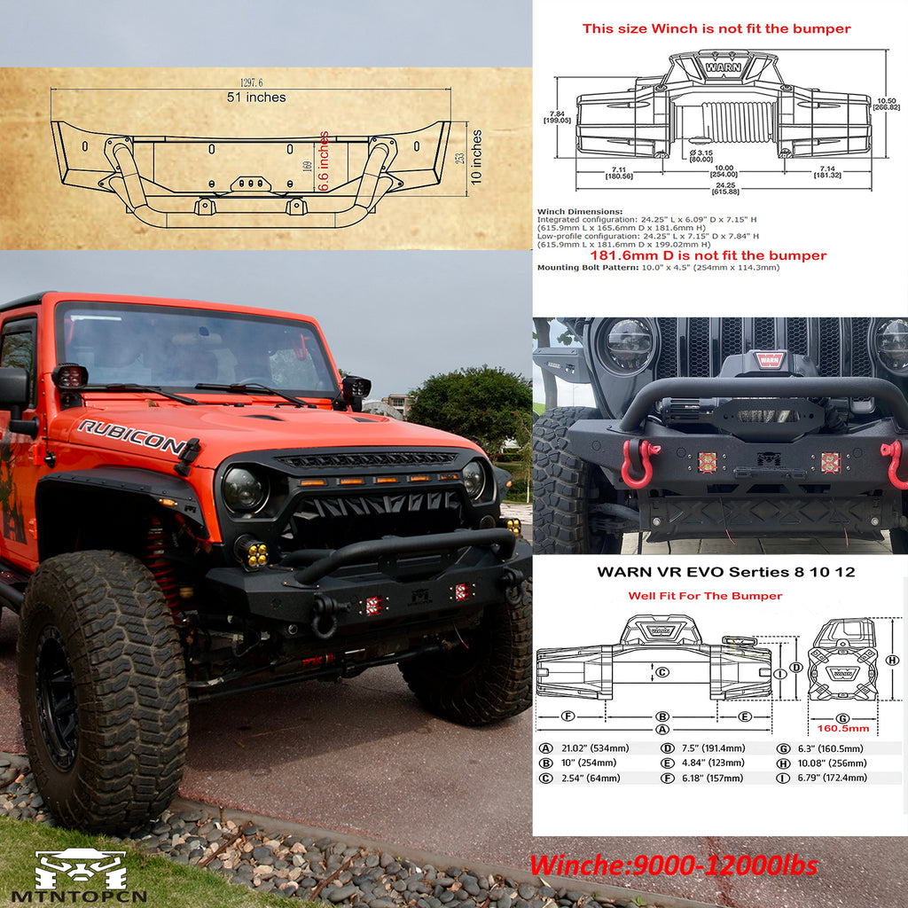 MTNTOPCN Steel Front Bumper Fits Jeep Wrangler 2007-2028 & Gladiator 2020-2028 | Heavy-Duty Winch-Ready with Stinger Bar | Extreme Rock Crawler (Stubby & LED Lights Equipped)
