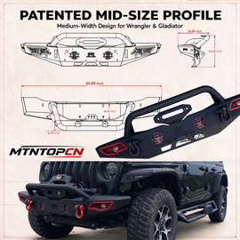MTNTOPCN AQMR Front Bumper, Compatible for 2007-2024 Jeep Wrangler Rock Crawler Bumper with Winch Plate Mounting & 2 x LED Lights & 2 x D-Rings Off Road and Utilizes OEM fog lights