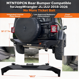 MTNTOPCN Aluminum Rear Bumper - Fits Jeep Wrangler JL/JLU 2018-2026 - Lightweight OffRoad Design - with License Plate Mount