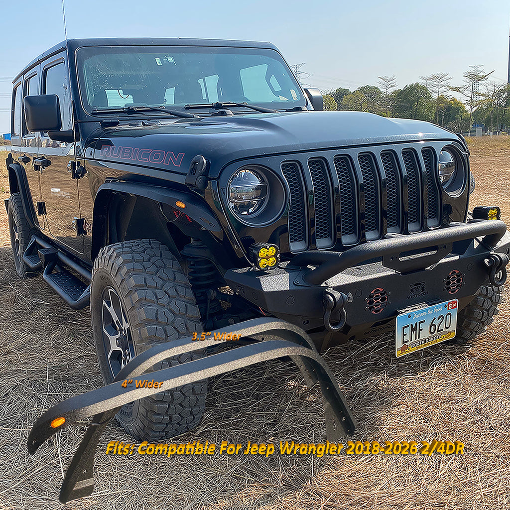 OMP Offroad Steel Fender Flares Compatible for Jeep Wrangler (JL/JLU 2018-2026) | Desert Viper Blade Design –No-Drill Bolt-On | Crawling Moab Rocks (4" + 2 Aluminum Inner Liners))
