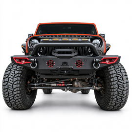 MTNTOPCN AQMR Front Bumper, Compatible for 2007-2024 Jeep Wrangler Rock Crawler Bumper with Winch Plate Mounting & 2 x LED Lights & 2 x D-Rings Off Road and Utilizes OEM fog lights