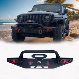 MTNTOPCN AQMR Front Bumper, Compatible for 2007-2024 Jeep Wrangler Rock Crawler Bumper with Winch Plate Mounting & 2 x LED Lights & 2 x D-Rings Off Road and Utilizes OEM fog lights
