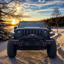 Load image into Gallery viewer, MTNTOPCN AQMR Front Bumper, Compatible for 2007-2024 Jeep Wrangler Rock Crawler Bumper with Winch Plate Mounting &amp; 2 x LED Lights &amp; 2 x D-Rings Off Road and Utilizes OEM fog lights