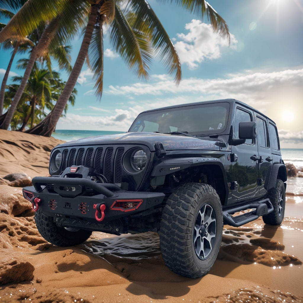 MTNTOPCN AQMR Front Bumper, Compatible for 2007-2024 Jeep Wrangler Rock Crawler Bumper with Winch Plate Mounting & 2 x LED Lights & 2 x D-Rings Off Road and Utilizes OEM fog lights