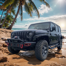 Load image into Gallery viewer, MTNTOPCN AQMR Front Bumper, Compatible for 2007-2024 Jeep Wrangler Rock Crawler Bumper with Winch Plate Mounting &amp; 2 x LED Lights &amp; 2 x D-Rings Off Road and Utilizes OEM fog lights