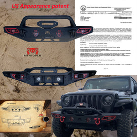 MTNTOPCN AQMR Front Bumper, Compatible for 2007-2024 Jeep Wrangler Rock Crawler Bumper with Winch Plate Mounting & 2 x LED Lights & 2 x D-Rings Off Road and Utilizes OEM fog lights