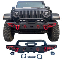 Load image into Gallery viewer, MTNTOPCN AQMR Front Bumper, Compatible for 2007-2024 Jeep Wrangler Rock Crawler Bumper with Winch Plate Mounting &amp; 2 x LED Lights &amp; 2 x D-Rings Off Road and Utilizes OEM fog lights