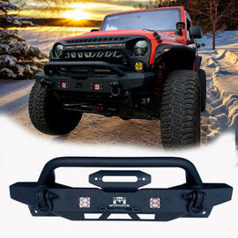 MTNTOPCN Steel Front Bumper Fits Jeep Wrangler 2007-2028 & Gladiator 2020-2028 | Heavy-Duty Winch-Ready with Stinger Bar | Extreme Rock Crawler (Stubby & LED Lights Equipped)