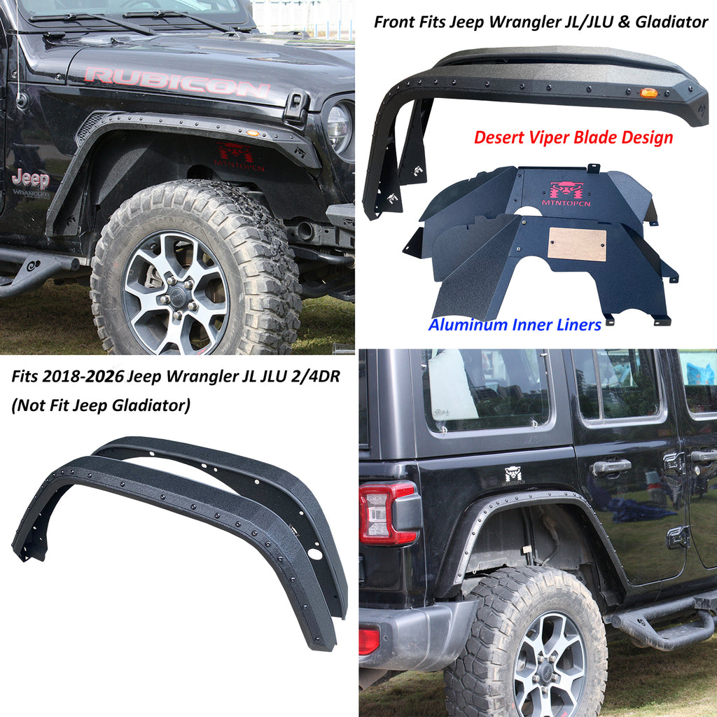 OMP Offroad Steel Fender Flares Compatible for Jeep Wrangler (JL/JLU 2018-2026) | Desert Viper Blade Design –No-Drill Bolt-On | Crawling Moab Rocks (5" + 2 Aluminum Inner Liners)