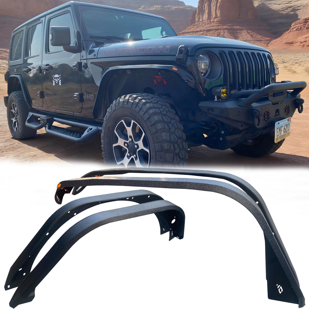 OMP Offroad Steel Fender Flares Compatible for Jeep Wrangler (JL/JLU 2018-2026) | Desert Viper Blade Design –No-Drill Bolt-On | Crawling Moab Rocks (4" No Inner Liners)