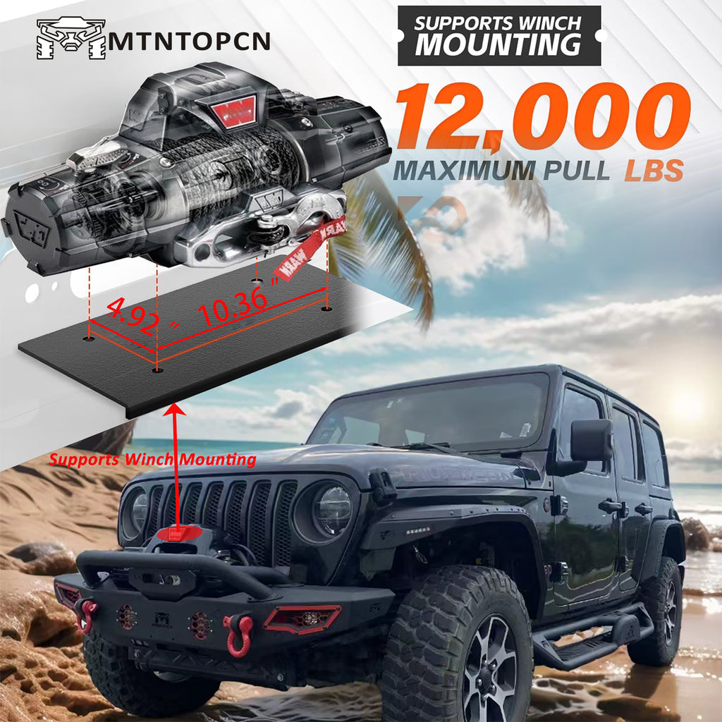 MTNTOPCN AQMR Front Bumper, Compatible for 2007-2024 Jeep Wrangler Rock Crawler Bumper with Winch Plate Mounting & 2 x LED Lights & 2 x D-Rings Off Road and Utilizes OEM fog lights