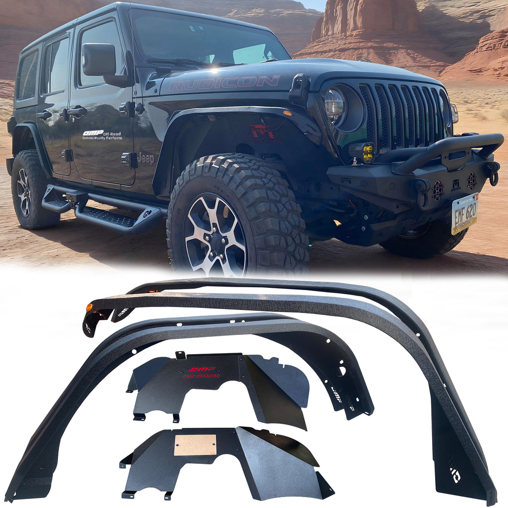 OMP Offroad Steel Fender Flares Compatible for Jeep Wrangler (JL/JLU 2018-2026) | Desert Viper Blade Design –No-Drill Bolt-On | Crawling Moab Rocks (4" + 2 Aluminum Inner Liners))