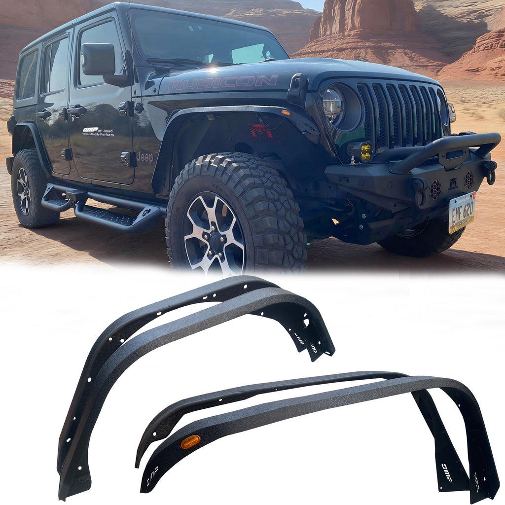 OMP Offroad Steel Fender Flares Compatible for Jeep Wrangler (JL/JLU 2018-2026) | Desert Viper Blade Design –No-Drill Bolt-On | Crawling Moab Rocks (4" No Inner Liners))
